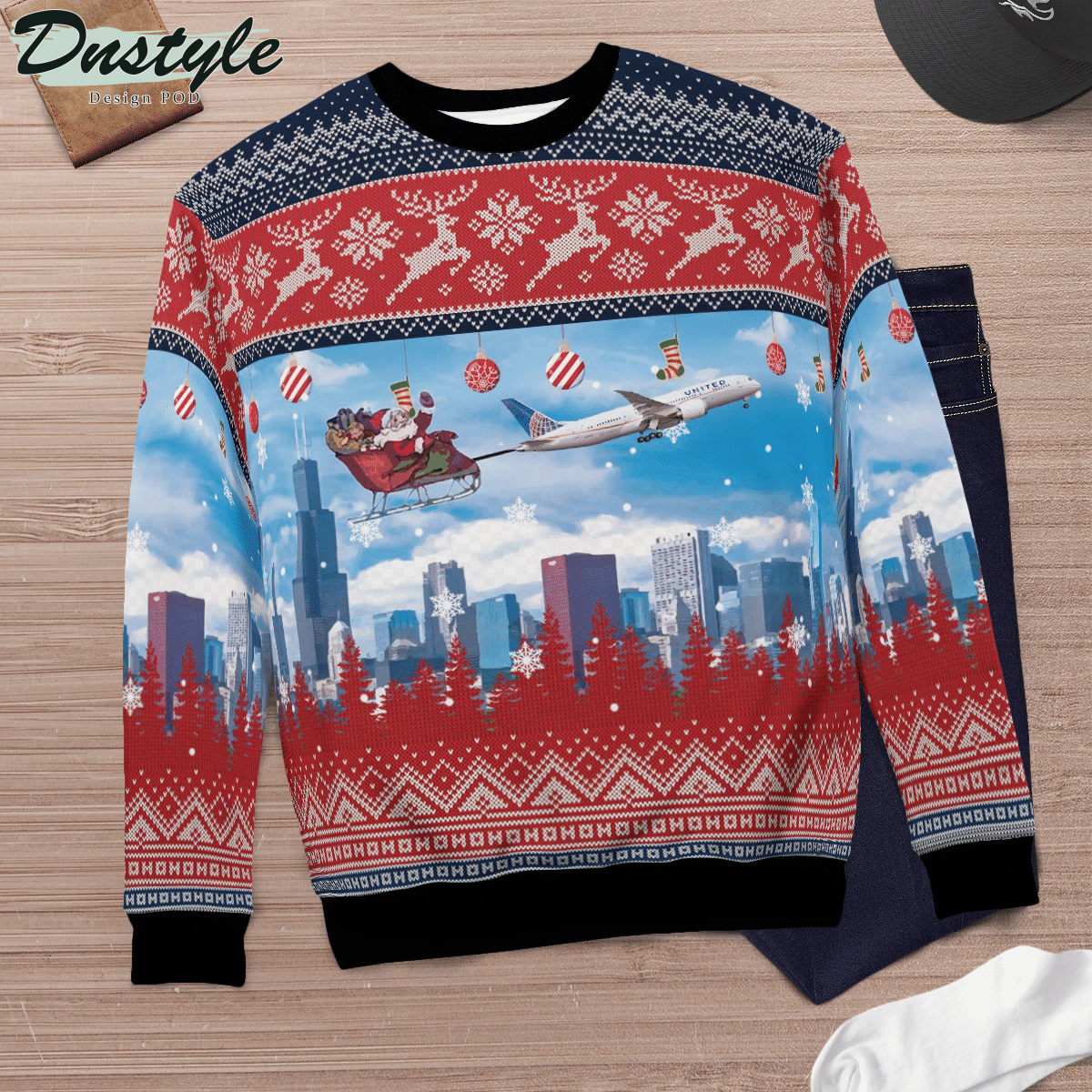 United Airlines Boeing 787 Dreamliner With Santa Over Chicago Ugly Christmas Sweater