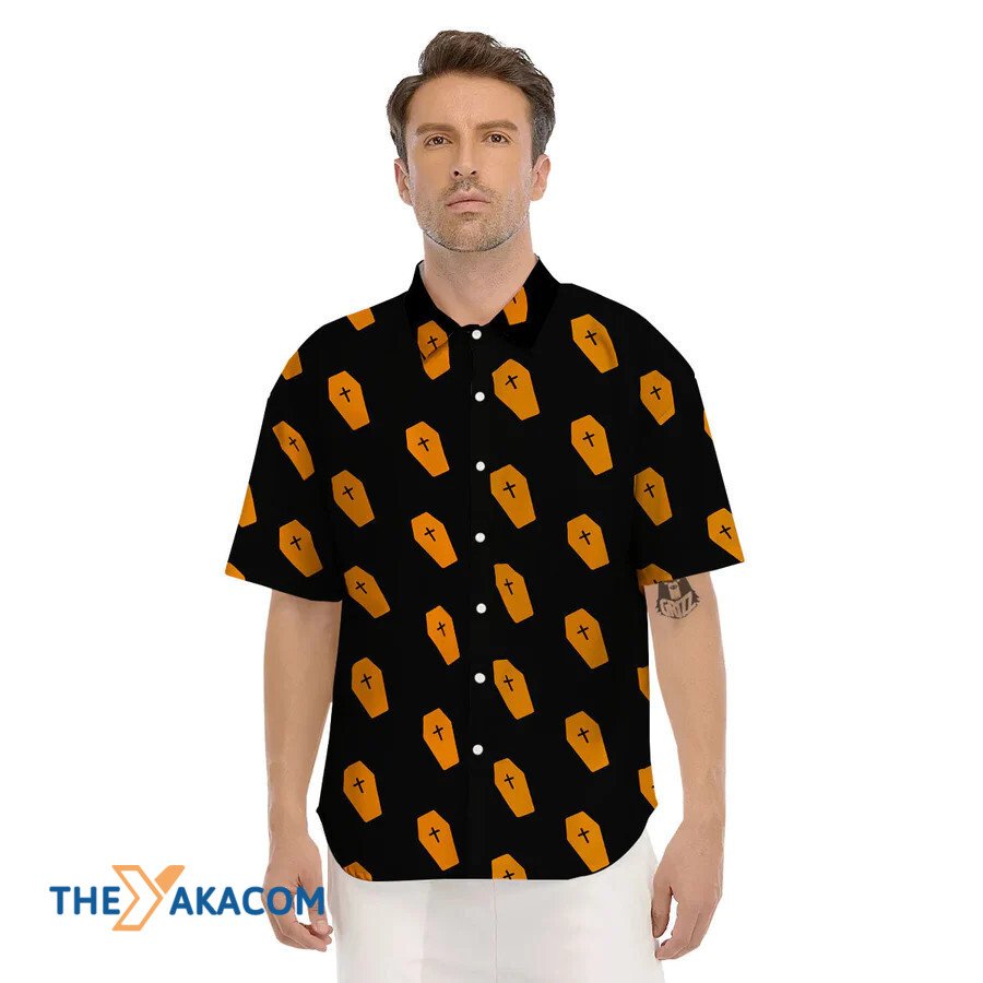 Orange Coffin Pattern Halloween Hawaiian Shirt