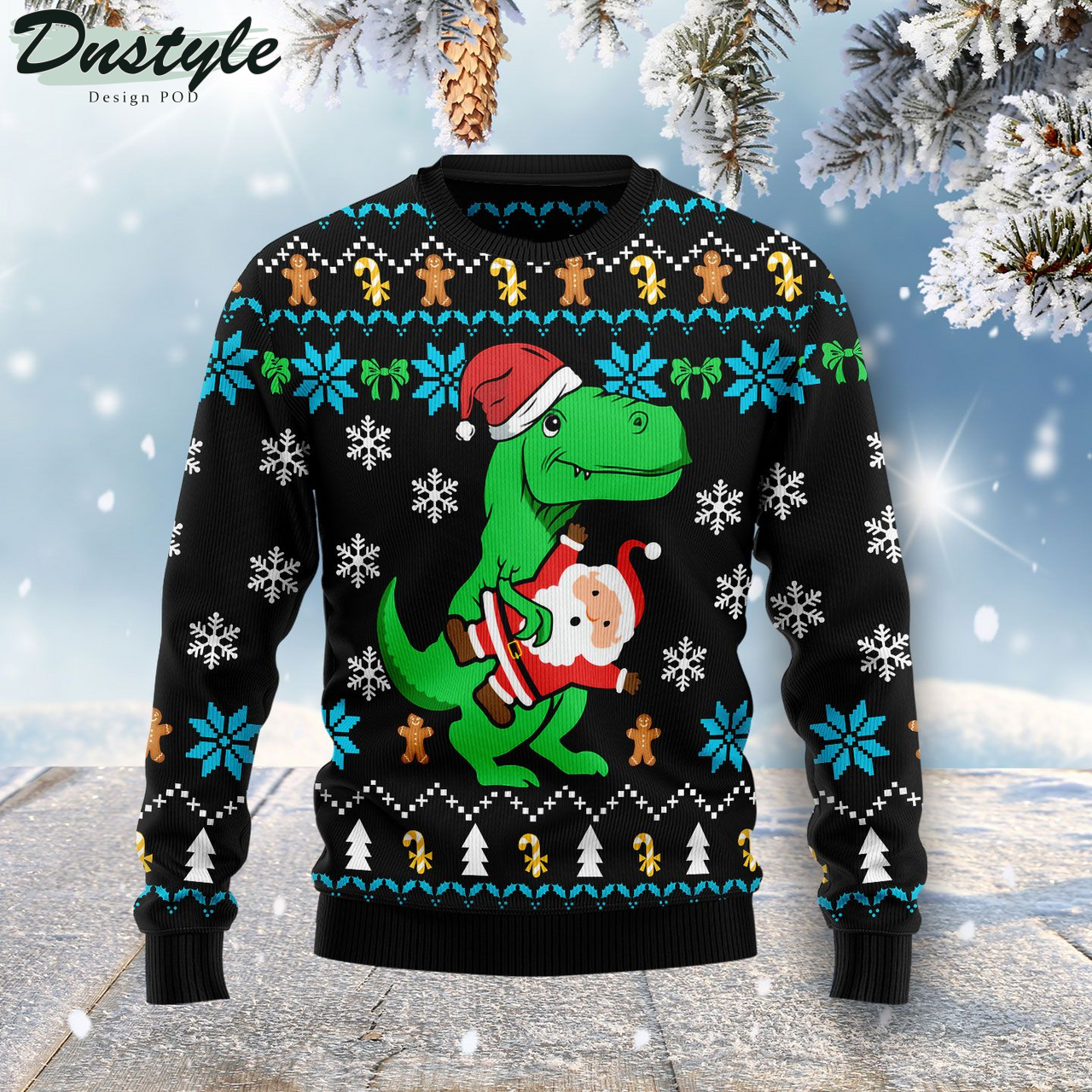 Dinosaur And Santa Claus Ugly Christmas Sweater