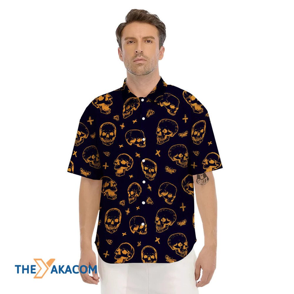 Yellow Skull And Cross Black Halloween Hawaiian Shirt
