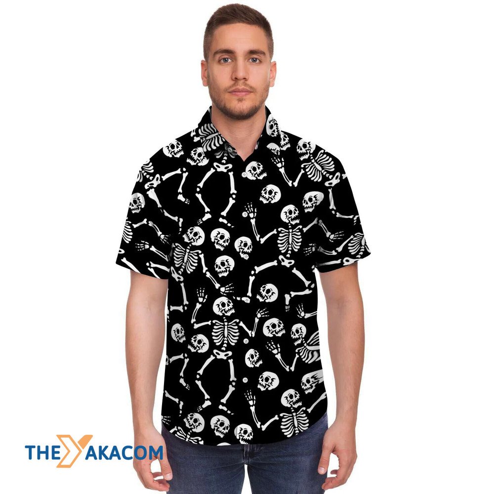 Halloween White Skeleton Dancing With Black Hawaiian Shirt