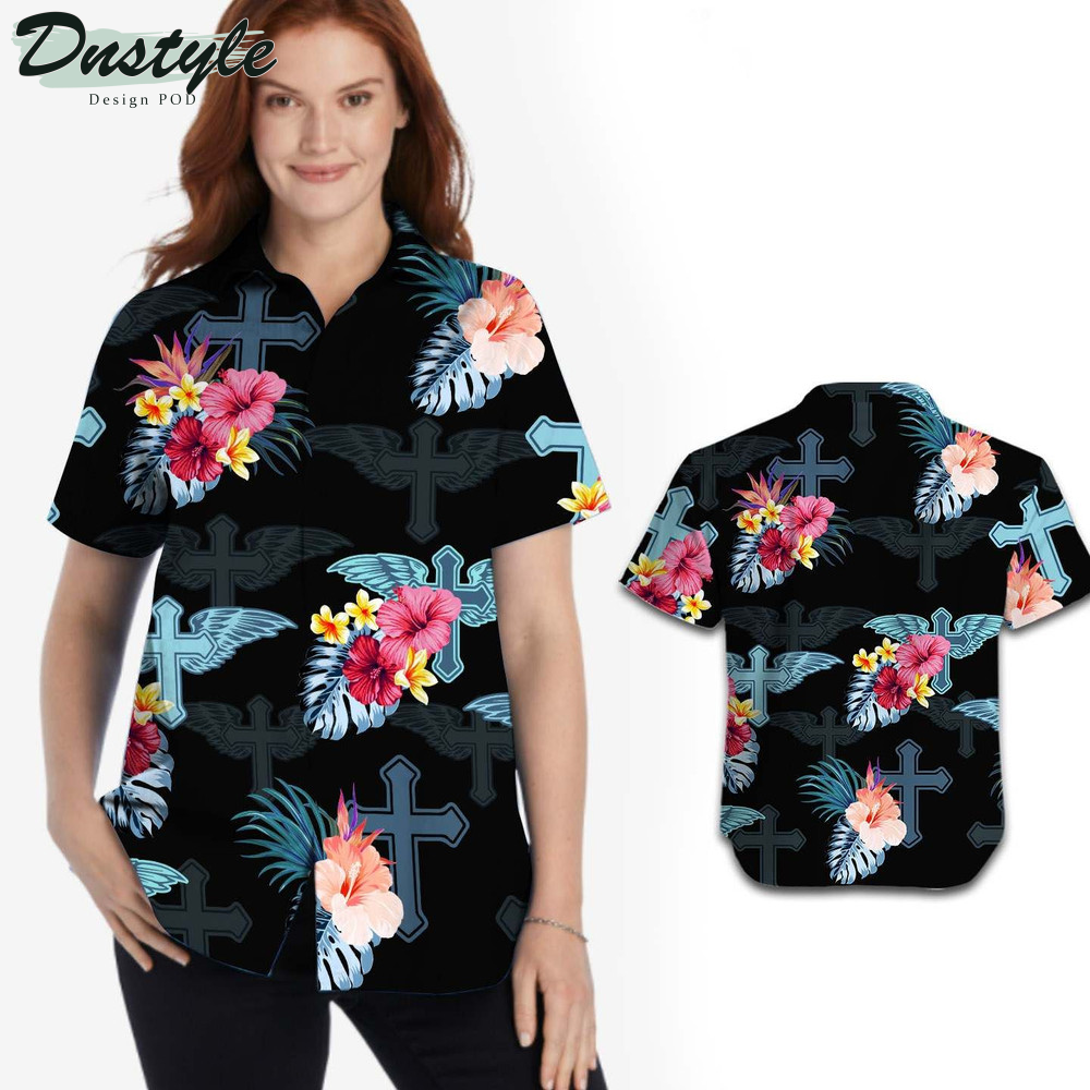 Jesus Cross Shadow Tropical Floral Hawaiian Shirt