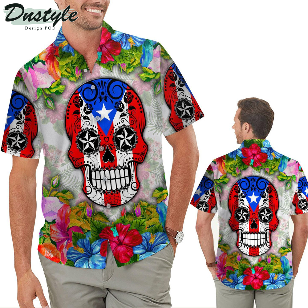 Skull Puerto Rico Flag Tropical Floral Hibicus Aloha Hawaiian Shirt