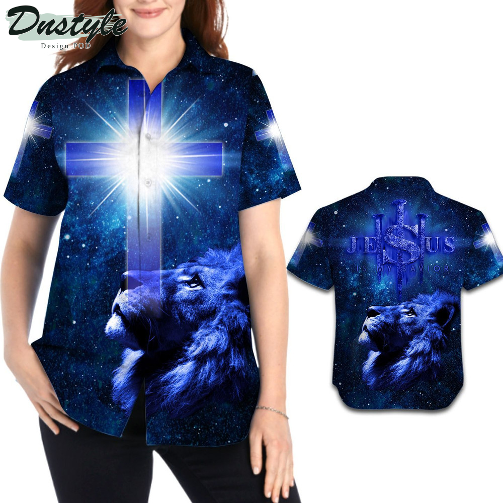 Jesus Is My Savior Cross And Lion Galaxy Background Hawaiian Shirt