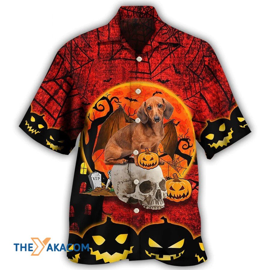 Halloween Dachshund Dog With Skull And Pumpkin Scary Hawaiian Shirt