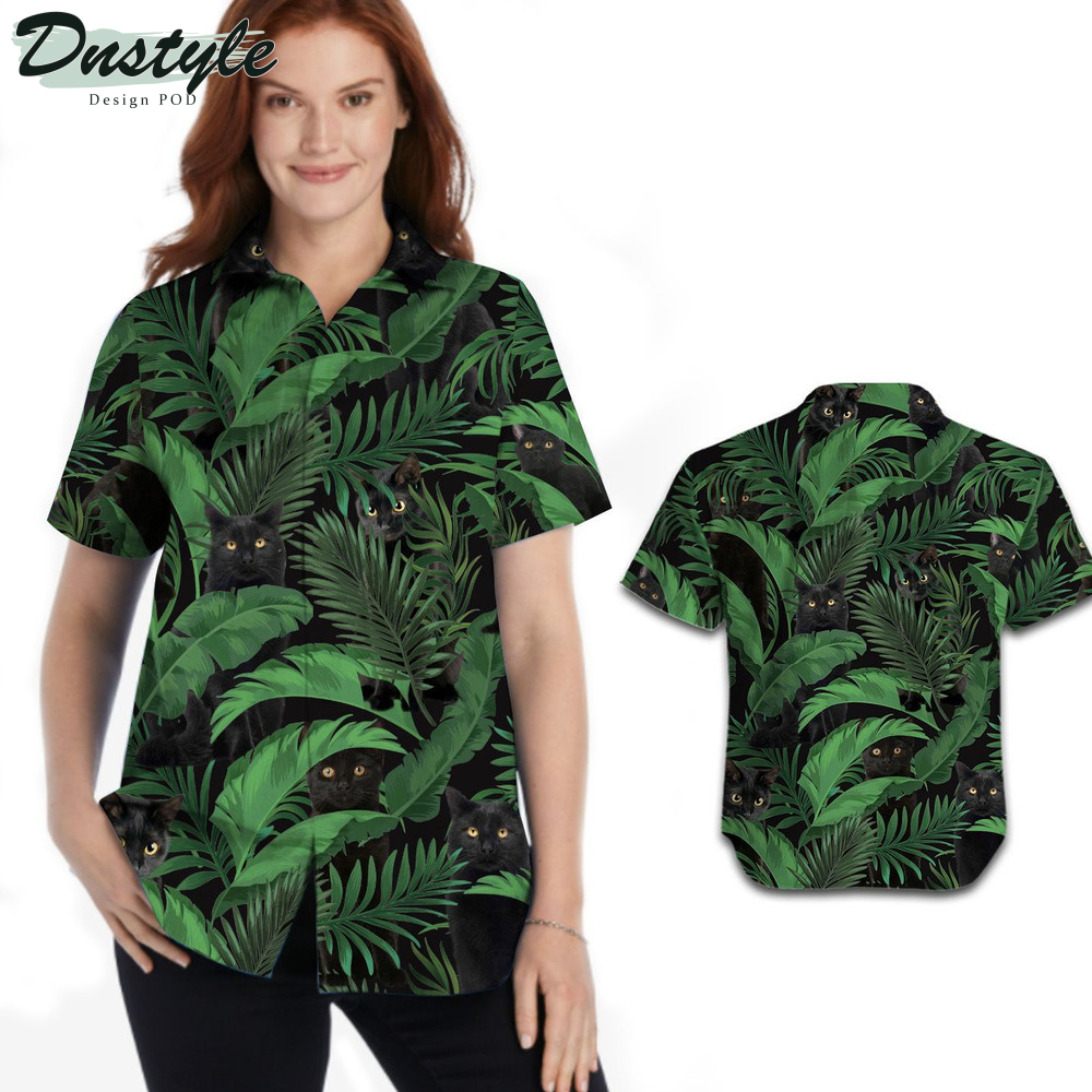 Black Cat Tropical Aloha Leaves Hawaiian Shirt