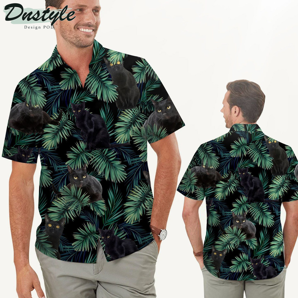 Black Cats Tropical Palm Tree Leaves Hawaiian Shirt