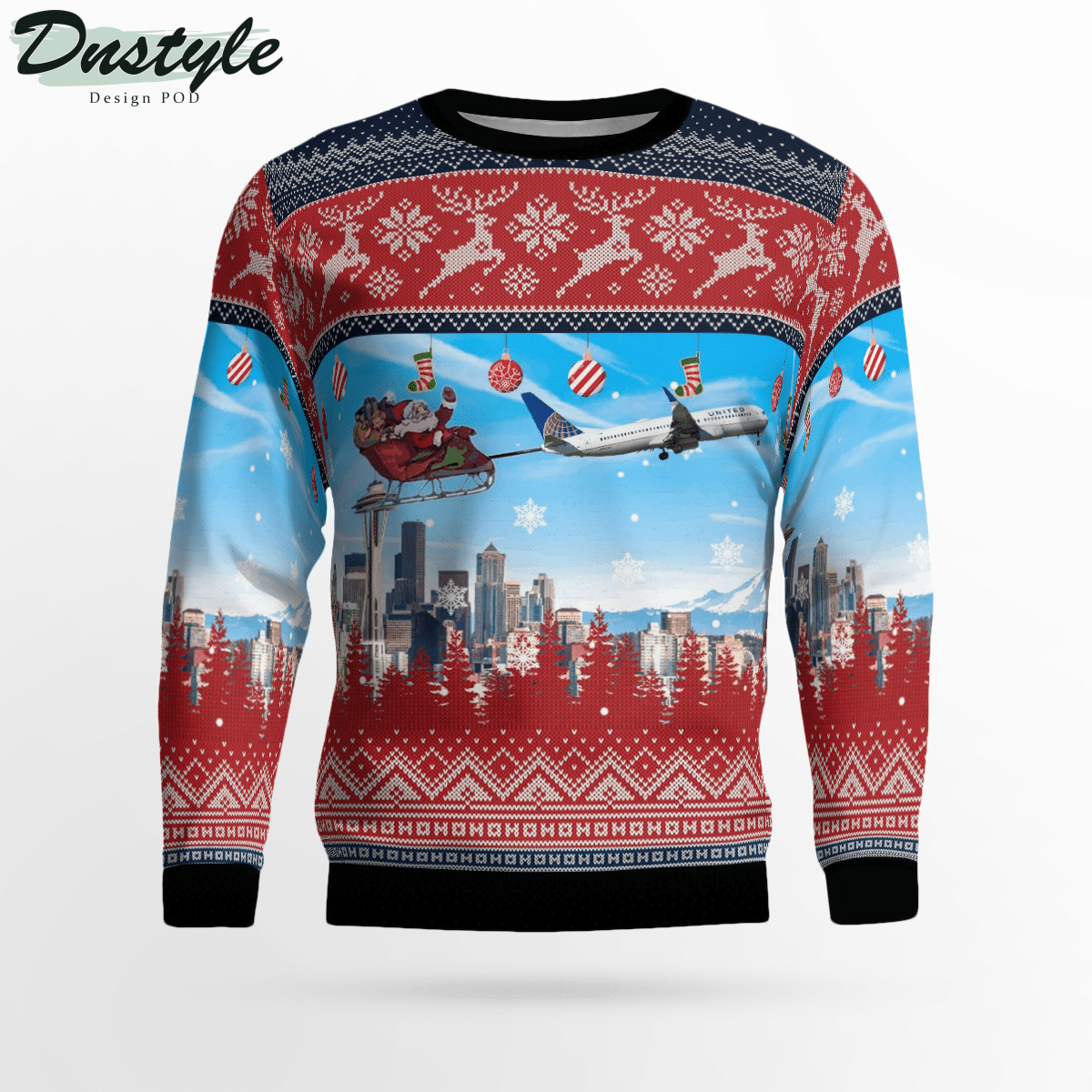 United Airlines Boeing 737-824 With Santa Over Seattle Ugly Christmas Sweater