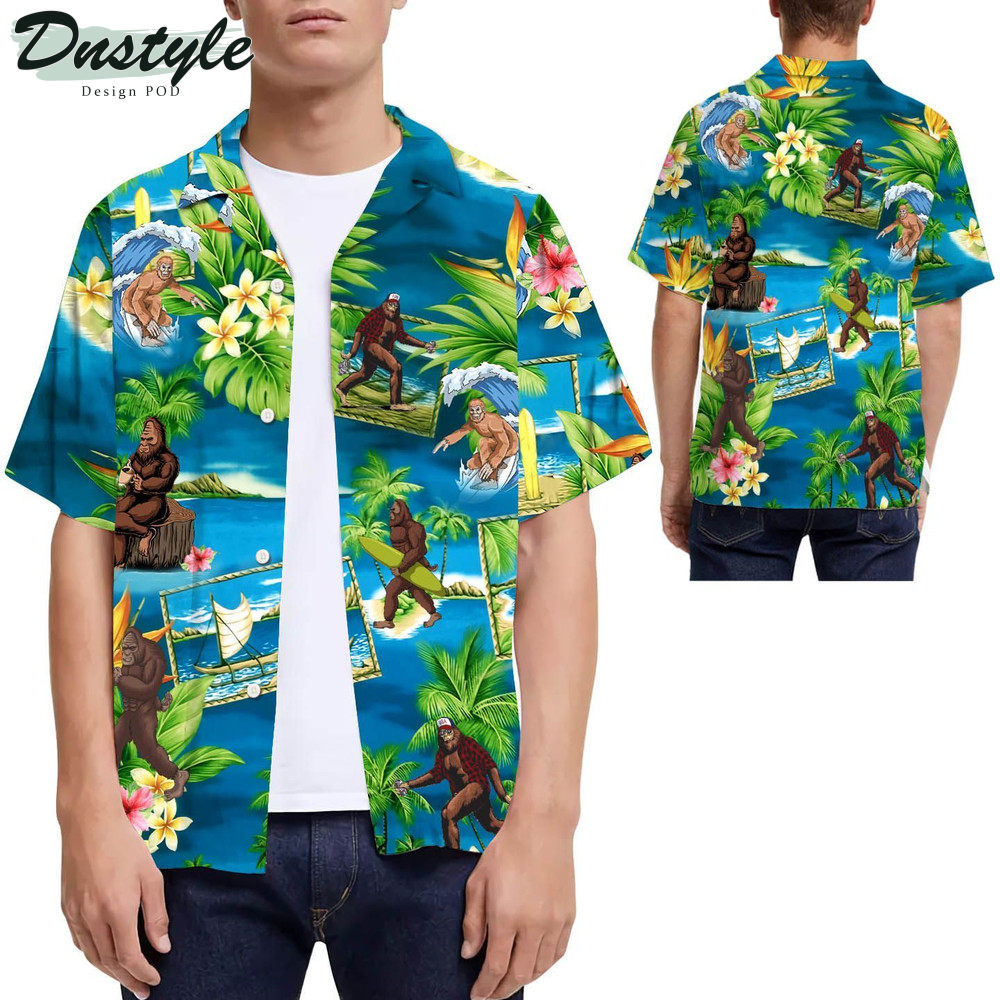 Bigfoot Surfing Tropical Hawaiian Shirt