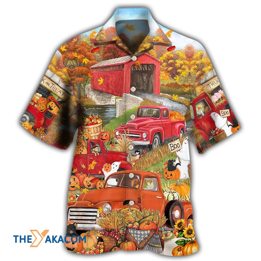 Halloween Truck With Pumpkin In Town Hawaiian Shirt
