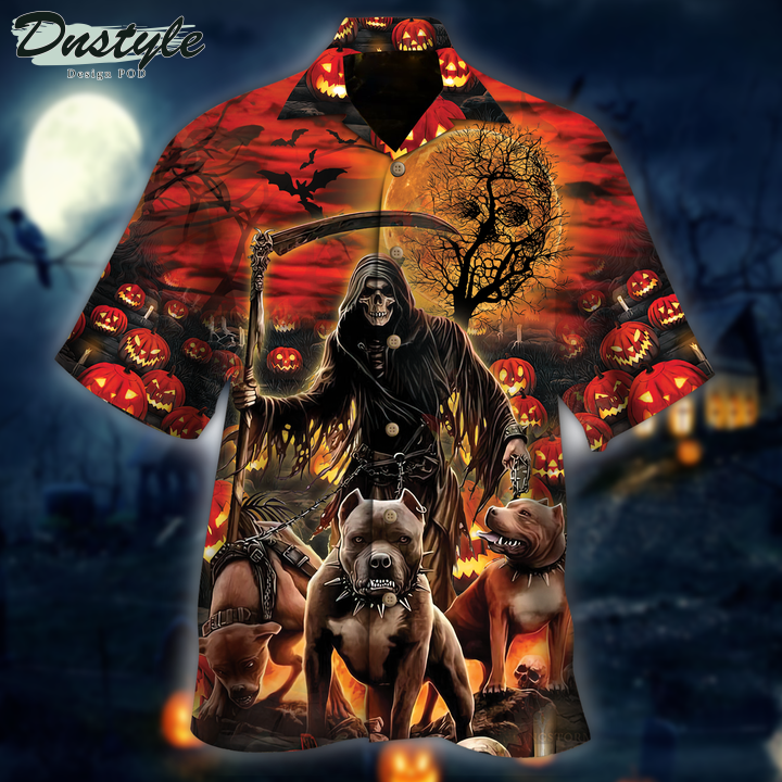 The Grim Reaper And Hound Halloween Hawaiian Shirt
