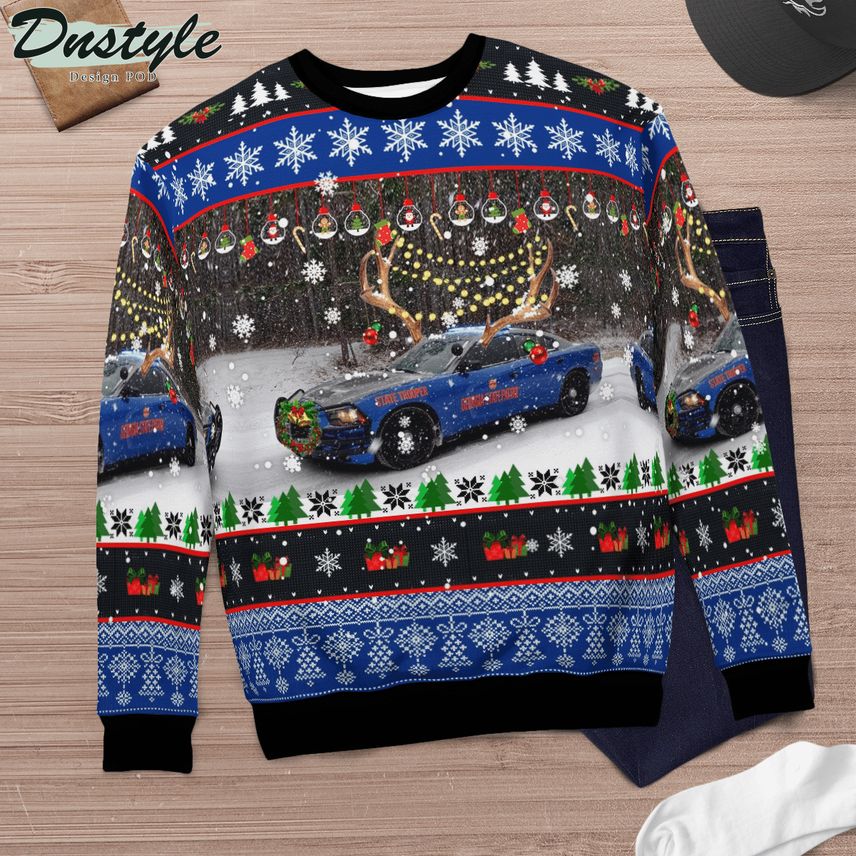 Georgia State Patrol Blue Charger Pursuit Ugly Christmas Sweater