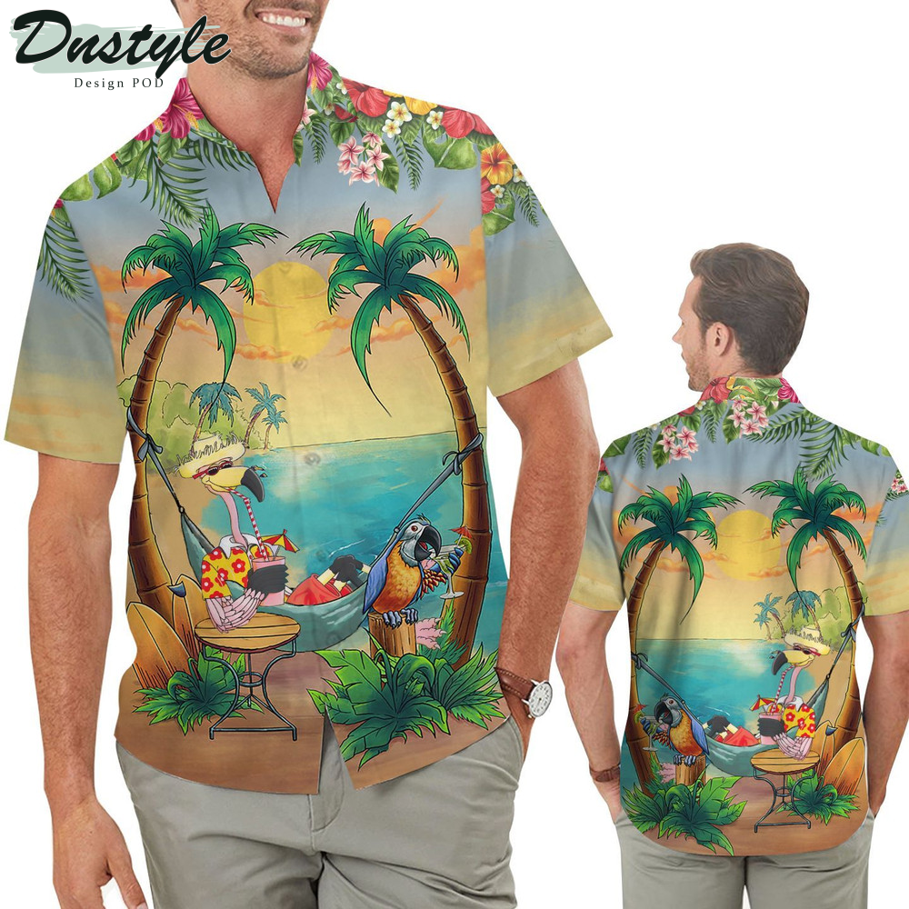 Funny Flamingo Parrot Tropical Beach Coconut Tree Aloha Hawaiian Shirt