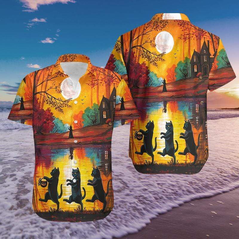 Halloween Walking Cat Hawaiian Shirt