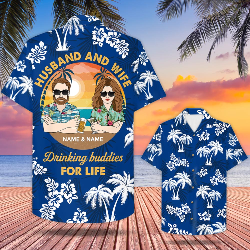 Husband And Wife Drinking Buddies For Life Custom Name Hawaiian Shirt