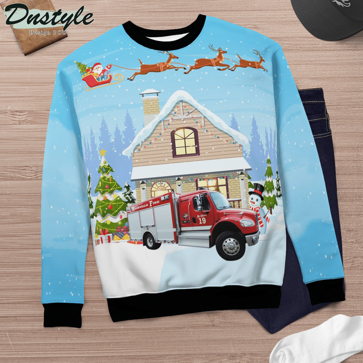 Tennessee Nashville Fire Department Rescue Truck Ugly Christmas Sweater