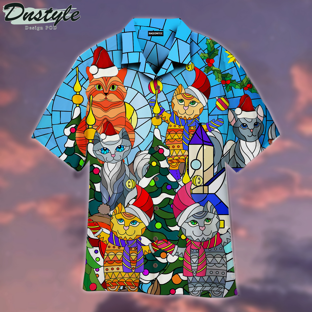 Cat Family Merry Christmas Stained Glass Hawaiian Shirt