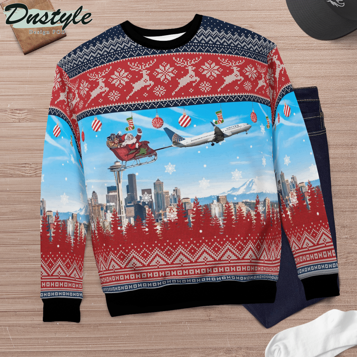 United Airlines Boeing 737-824 With Santa Over Seattle Ugly Christmas Sweater