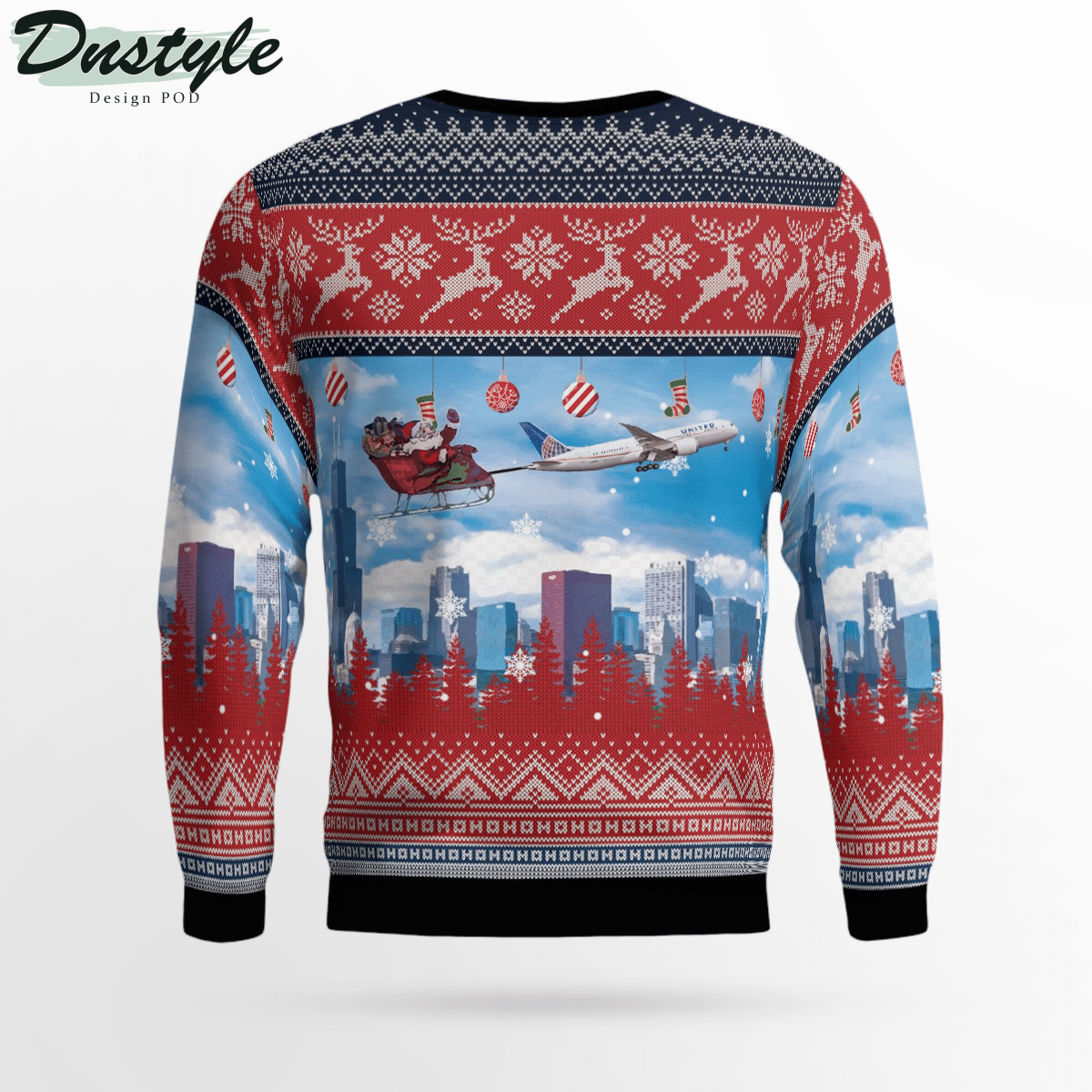 United Airlines Boeing 787 Dreamliner With Santa Over Chicago Ugly Christmas Sweater