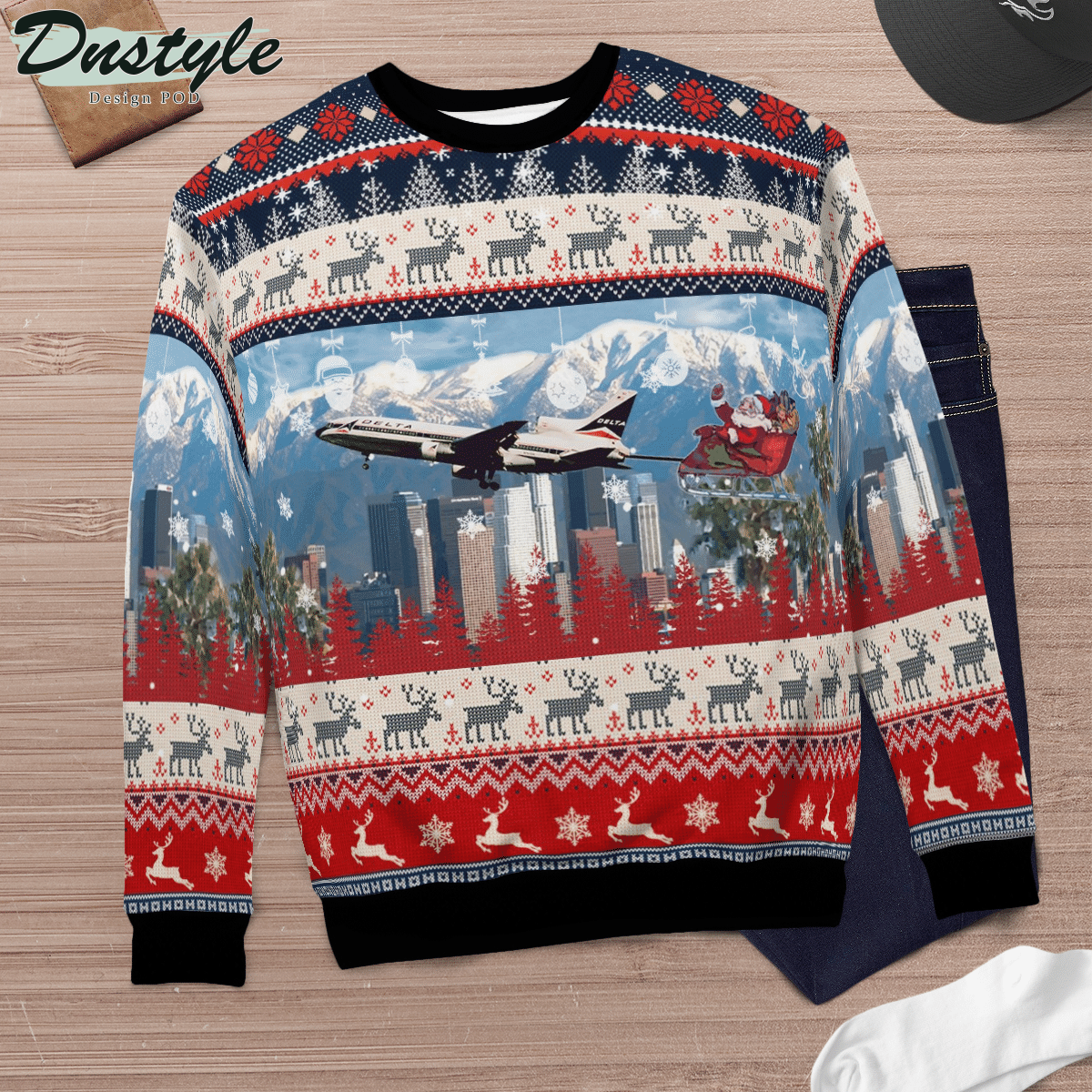Delta Air Lines Lockheed L-1011-500 With Santa over Los Angeles Ugly Christmas Sweater