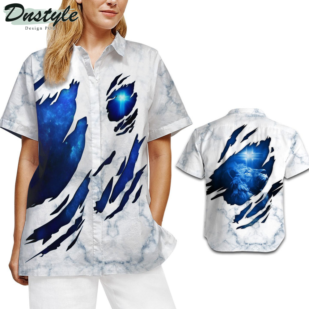 Blue Light Jesus Cross With Lion Torn Fabric Hawaiian Shirt