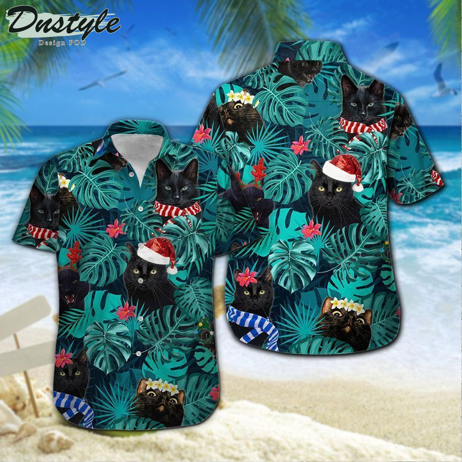 Back Cat And Santa Surfing Omeone Who Loves Back Cat On Christmas Time Hawaiian Shirt