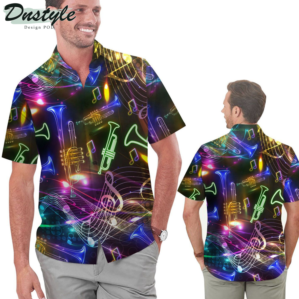 Neon Trumpet Music Staves Hawaiian Shirt