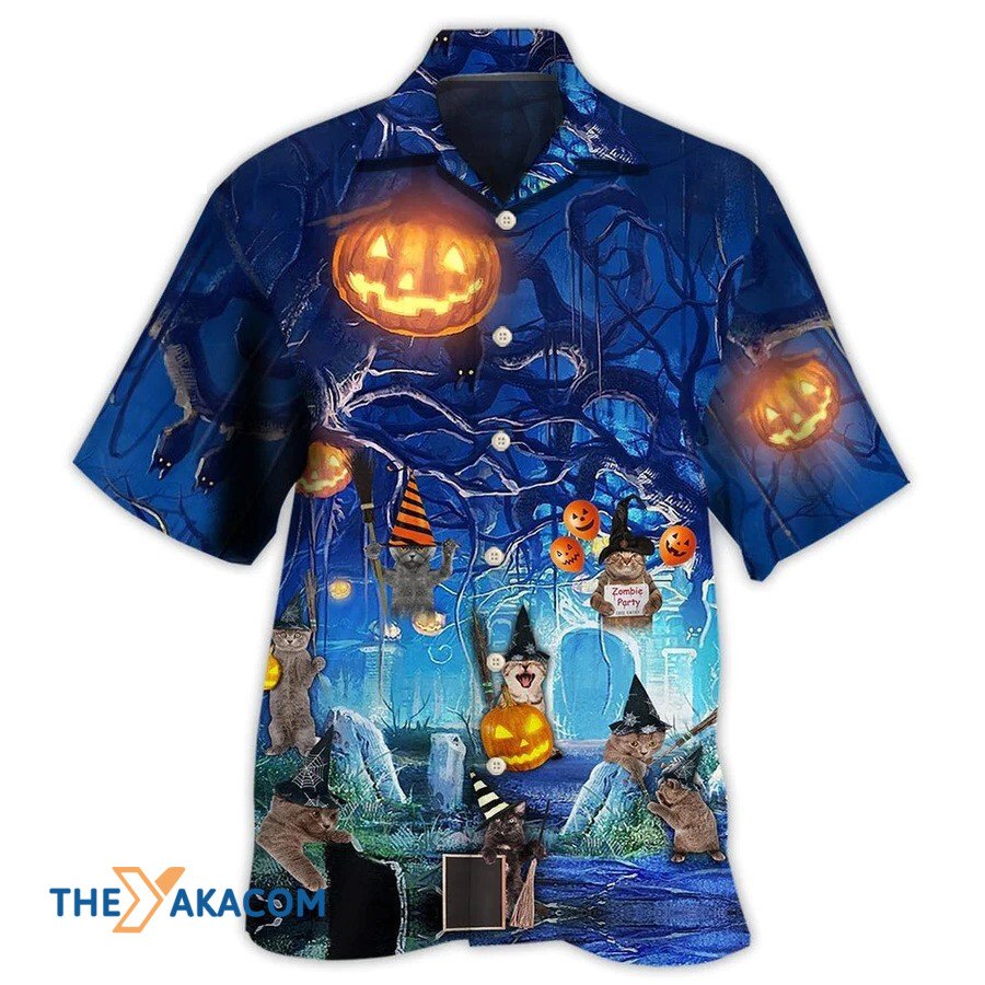 Blue Halloween Cat Hawaiian Shirt