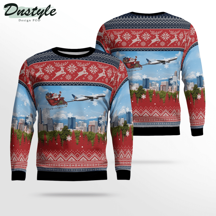 United Airlines Boeing 777-322ER With Santa over Denver Ugly Christmas Sweater