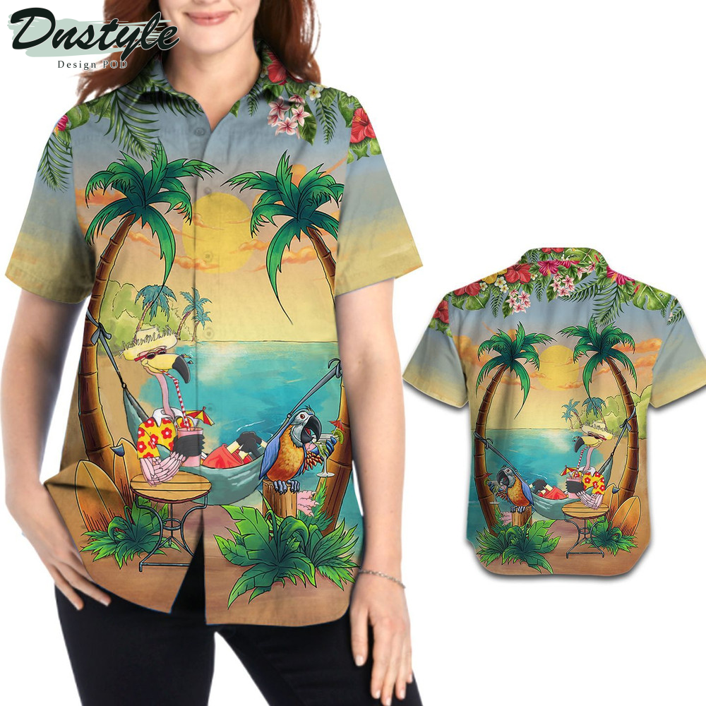 Funny Flamingo Parrot Tropical Beach Coconut Tree Aloha Hawaiian Shirt