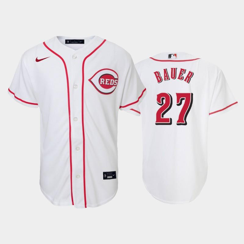 #27 Trevor Bauer Youth Reds Home White Jersey MLB Jersey