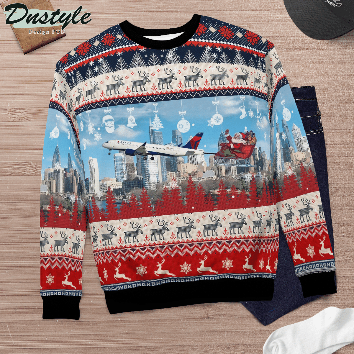 Delta Air Lines Airbus A220-300 With Santa over Philadelphia Ugly Christmas Sweater