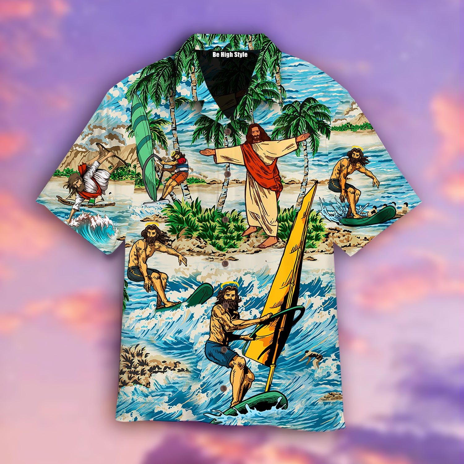 Funny Jesus Surfing Summer Tropical Hawaiian Shirt