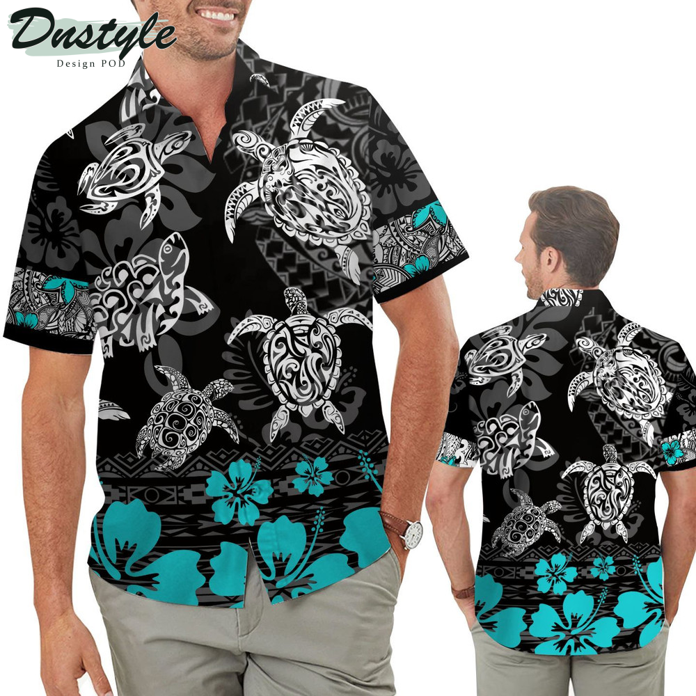Sea Turtle Polynesian Tattoo Pattern Hibiscus Troipcal Aloha Hawaiian Shirt