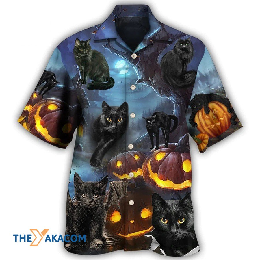 Halloween Pumpkin And Black Cat Dark Night Style Hawaiian Shirt