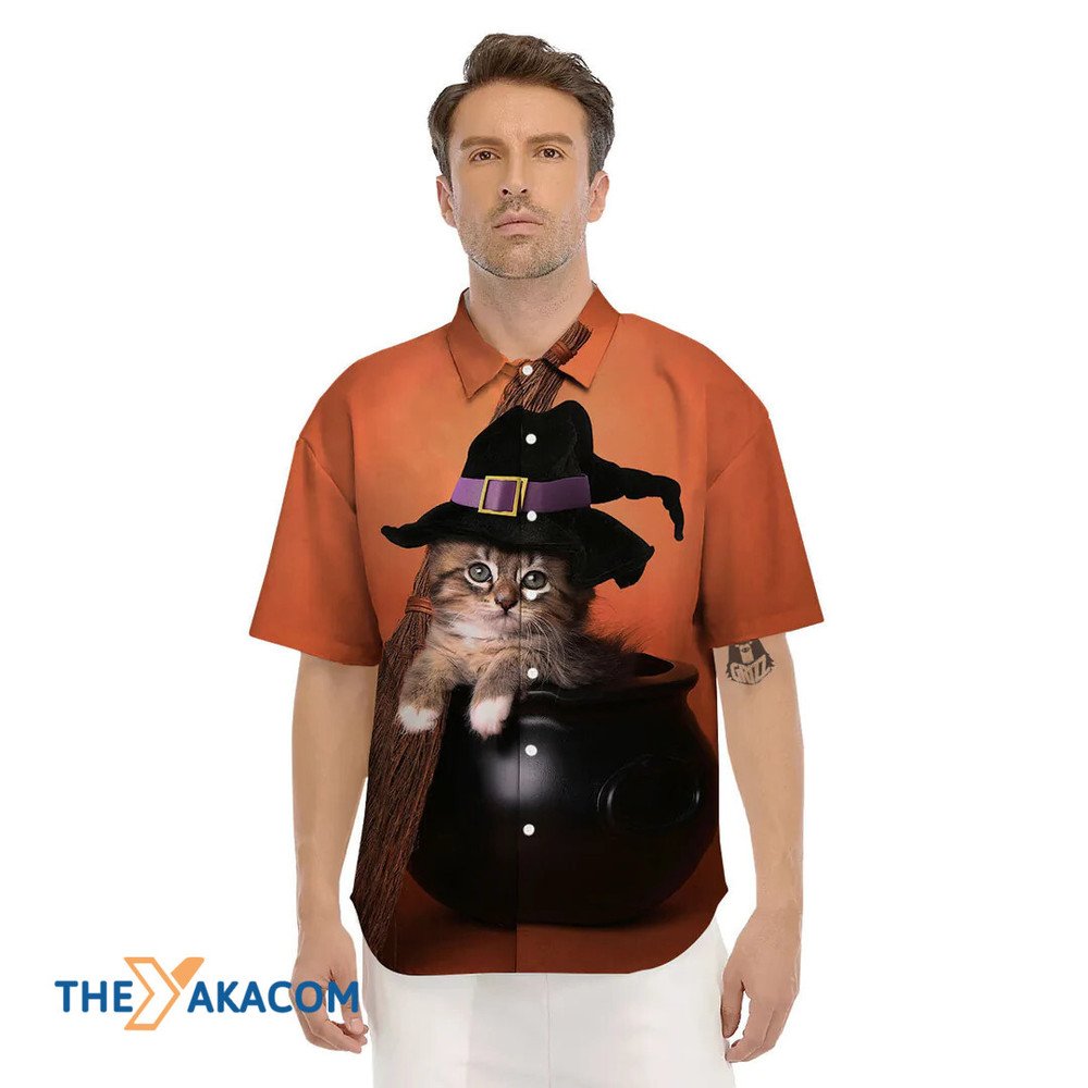 Witch Cat Cute And Broom Orange Halloween Hawaiian Shirt