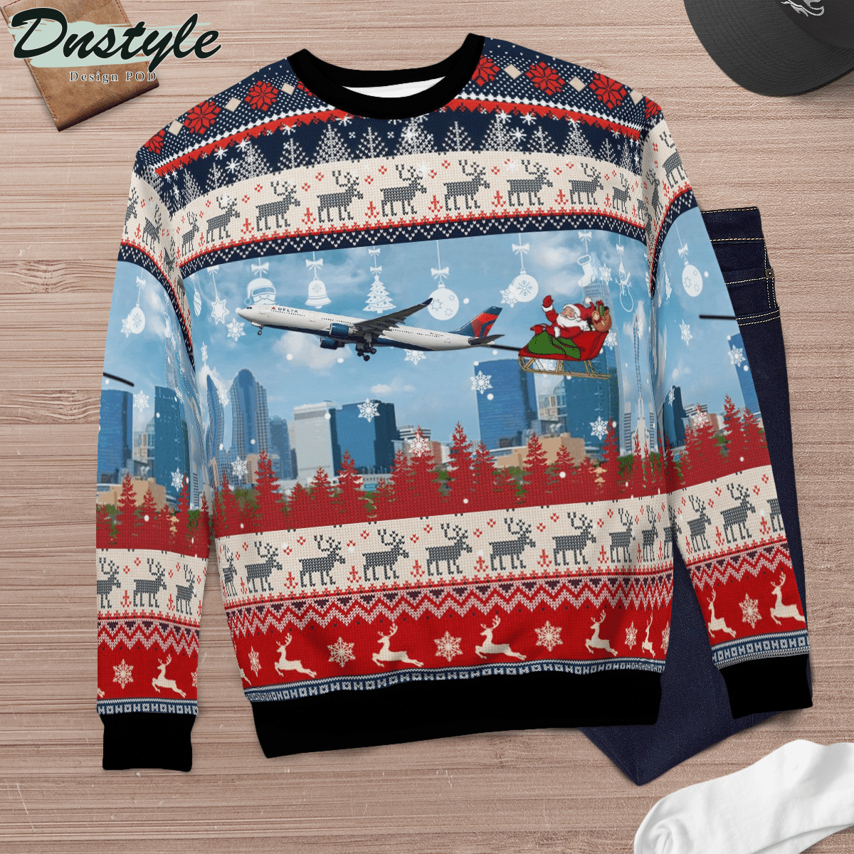 Delta Air Lines A330-300 With Santa Over Charlotte Ugly Christmas Sweater