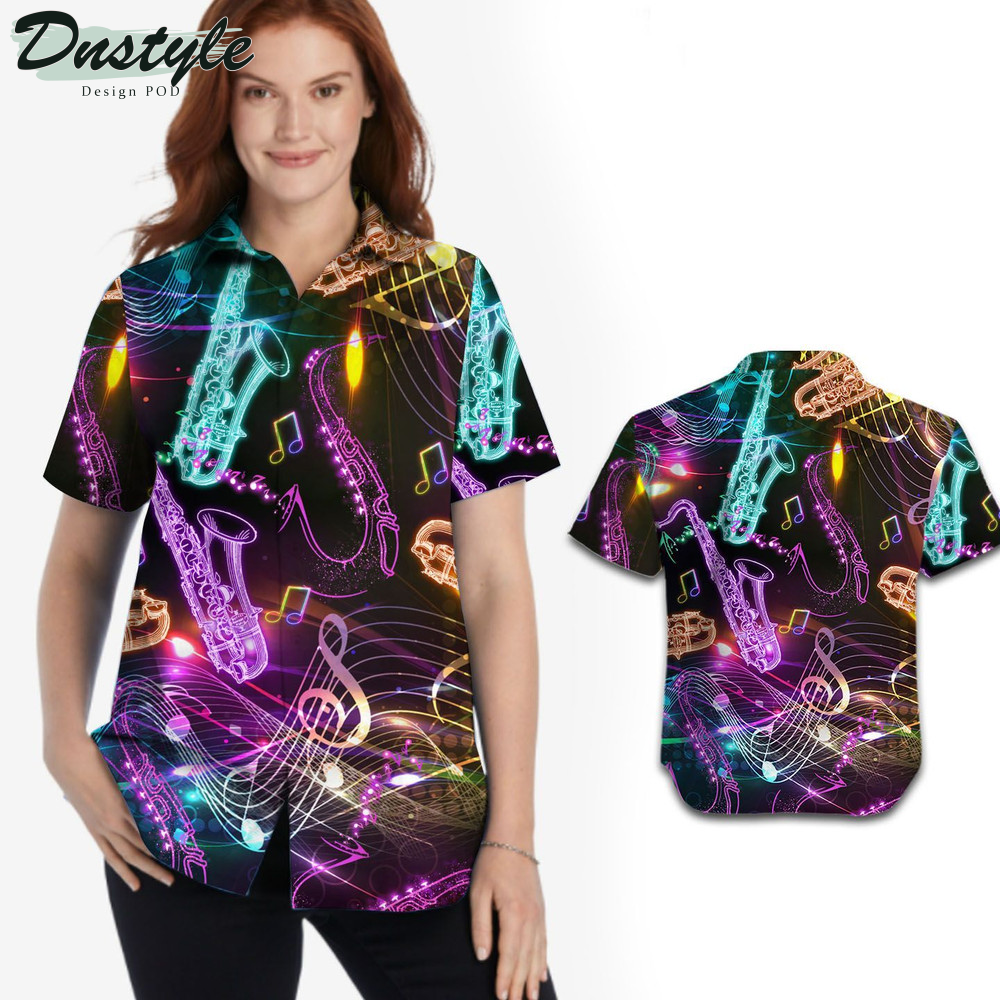 Neon Saxophone Music Staves Hawaiian Shirt