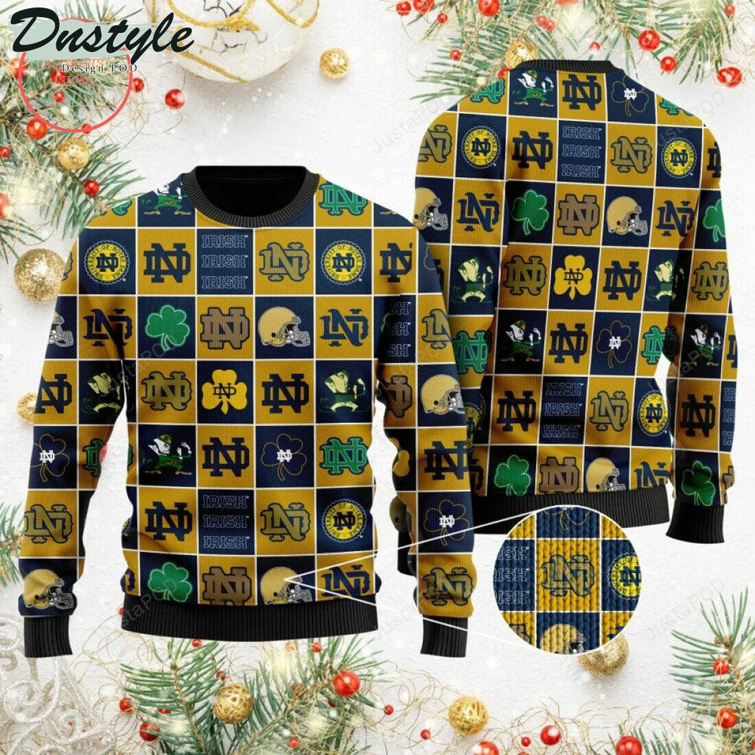 Notre Dame Fighting Irish Gold Blue Ugly Christmas Wool Sweater