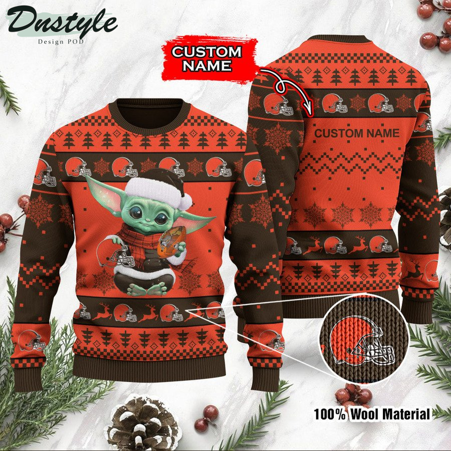 Cleveland Browns Baby Yoda Custom Name Ugly Christmas Sweater