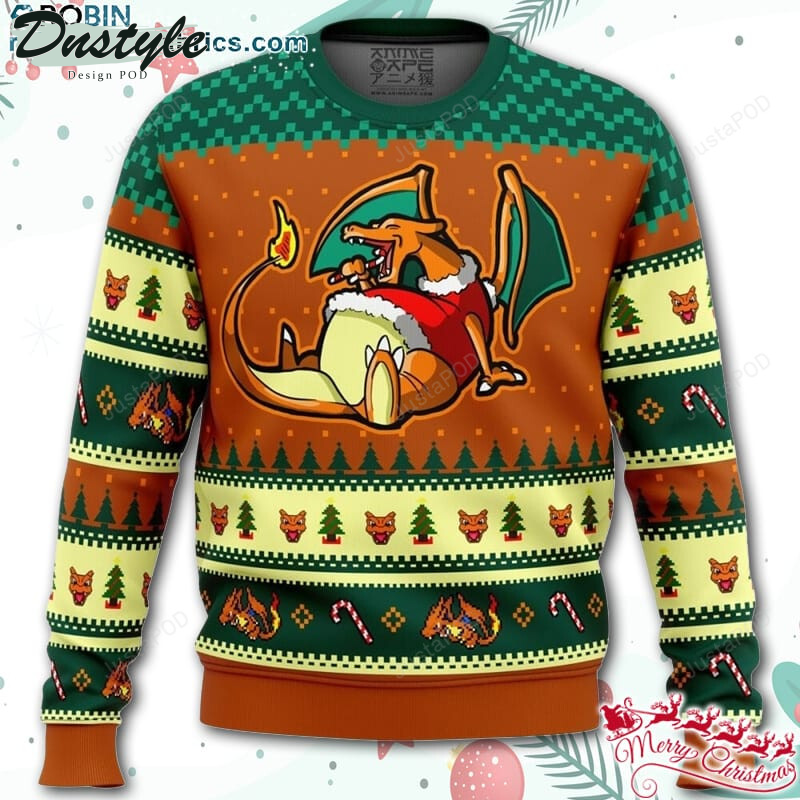 Pokemon Charizard Eating Candy Cane Ugly Christmas Wool Sweater
