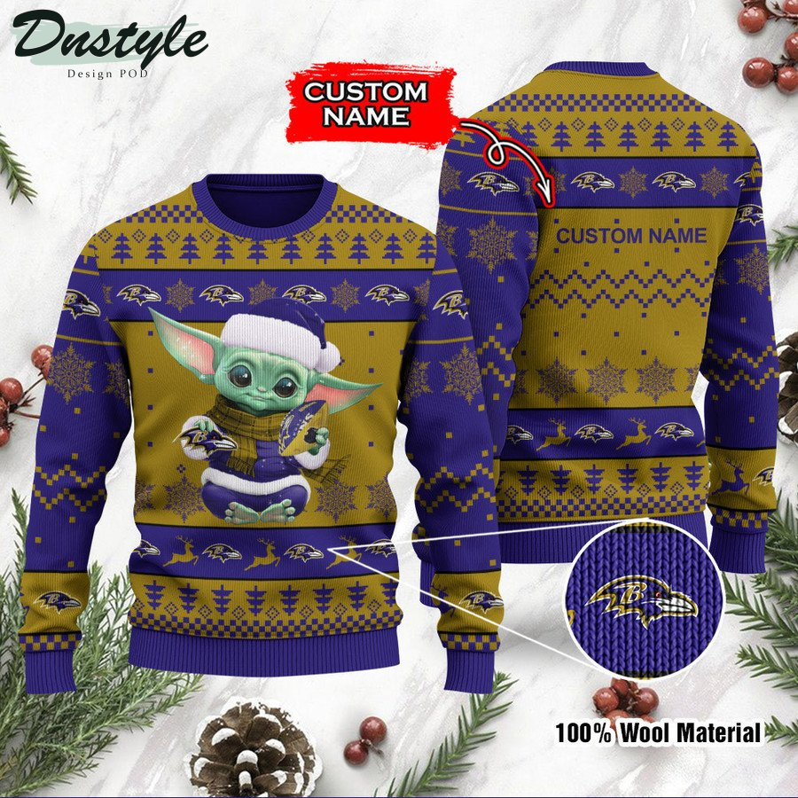 Baltimore Ravens Baby Yoda Custom Name Ugly Christmas Sweater