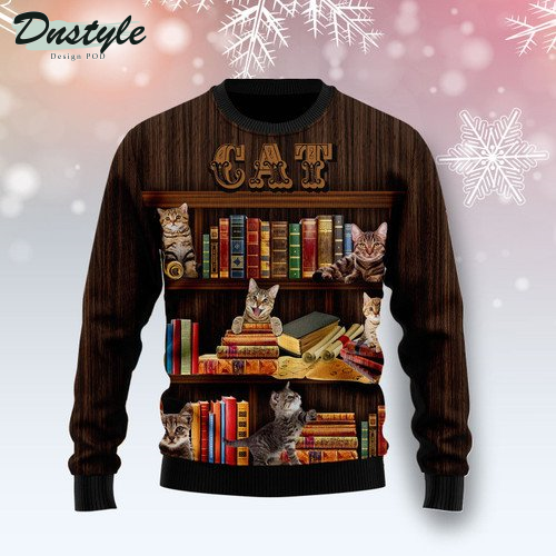 Cat Bookcase Ugly Christmas Sweater