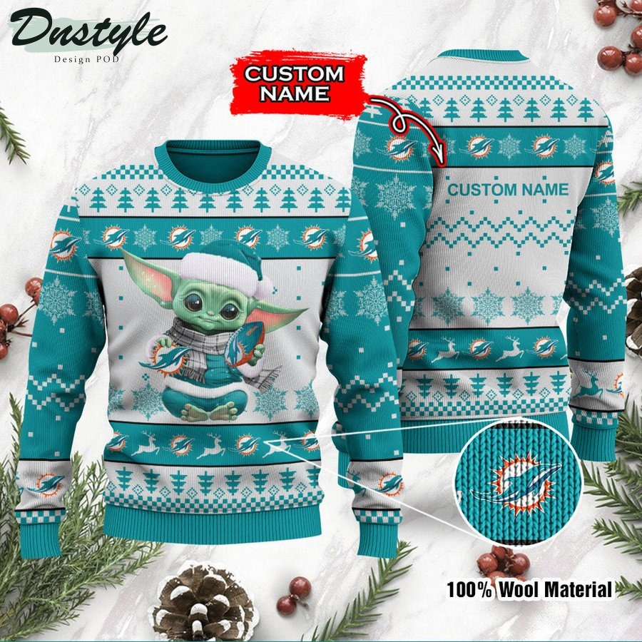 Miami Dolphins Baby Yoda Custom Name Ugly Christmas Sweater