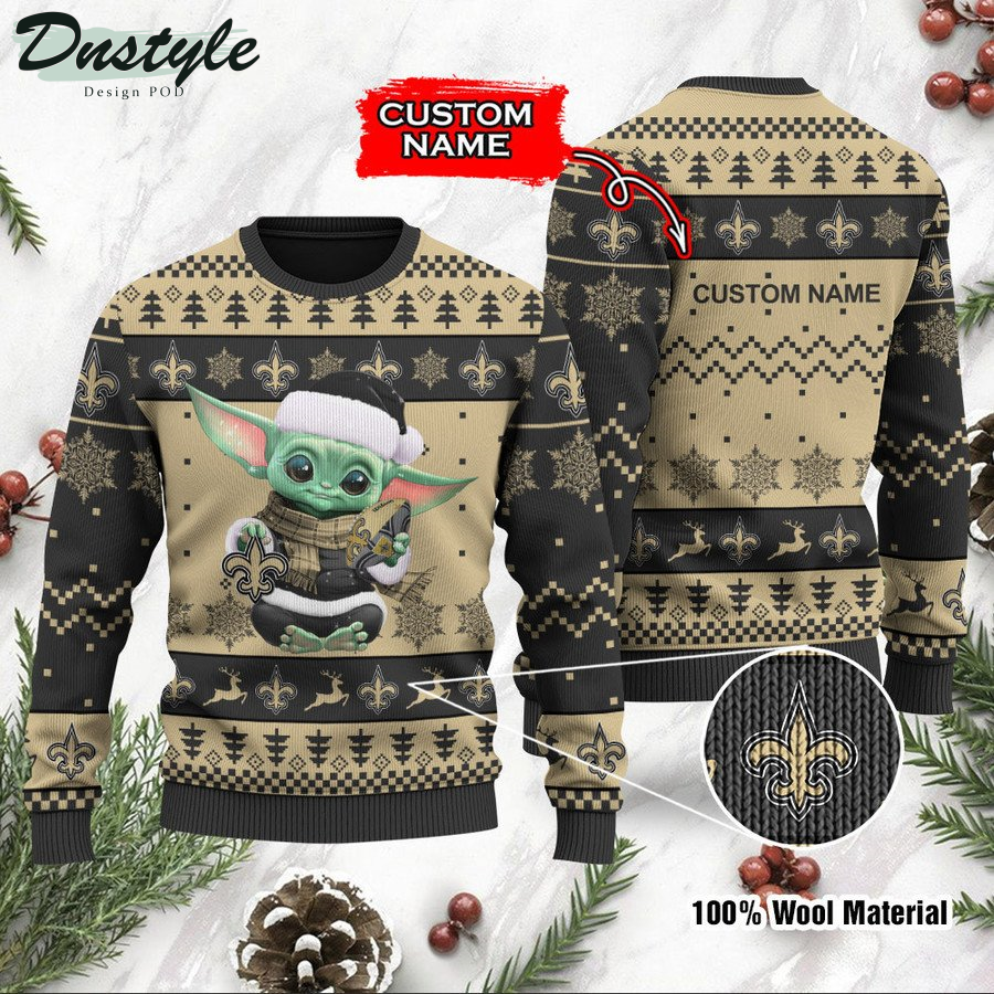 New Orleans Saints Baby Yoda Custom Name Ugly Christmas Sweater