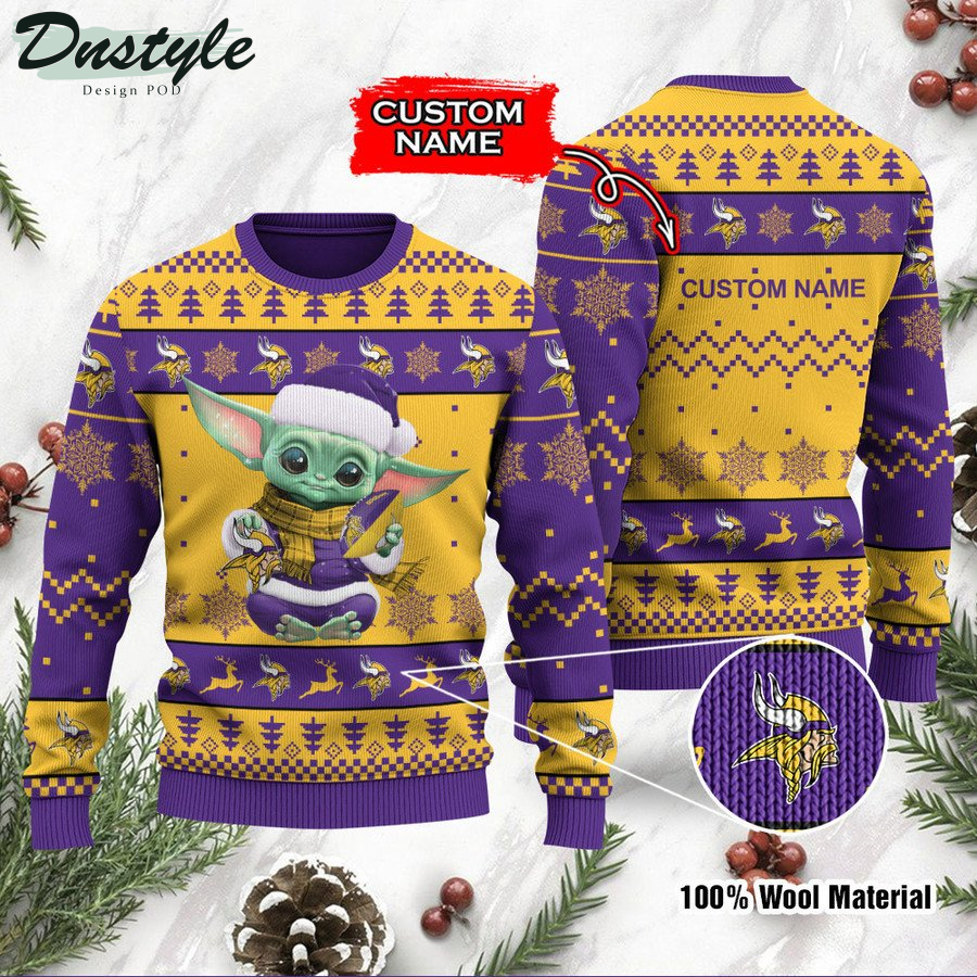 Minnesota Vikings Baby Yoda Custom Name Ugly Christmas Sweater