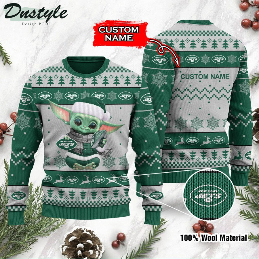 New York Jets Baby Yoda Custom Name Ugly Christmas Sweater
