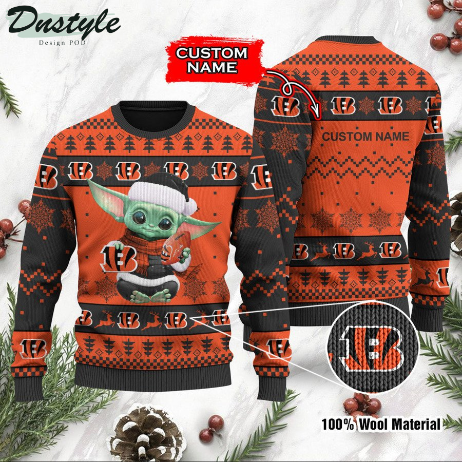Cincinnati Bengals Baby Yoda Custom Name Ugly Christmas Sweater