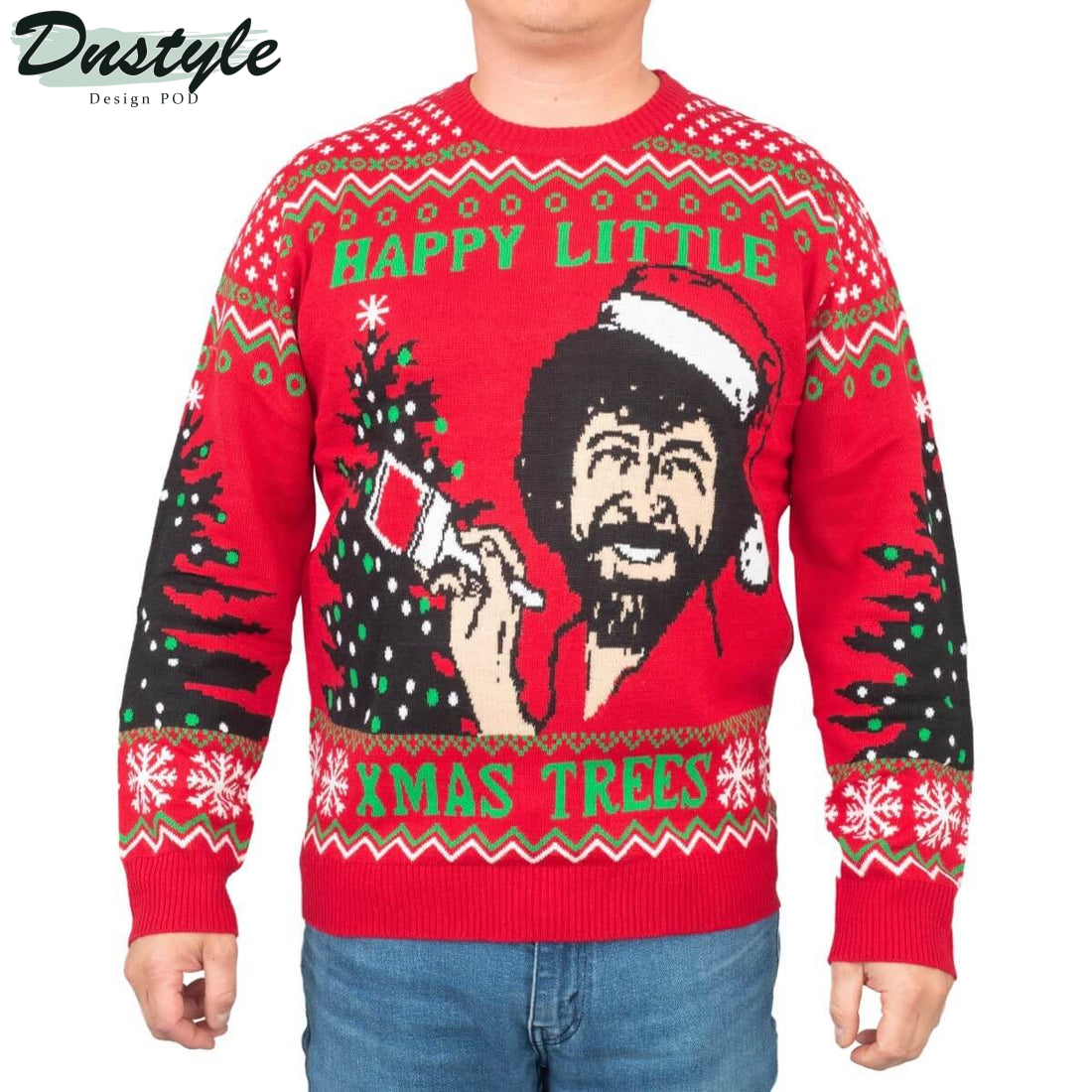 Bob Ross Happy Little Xmas Trees Ugly Christmas Sweater