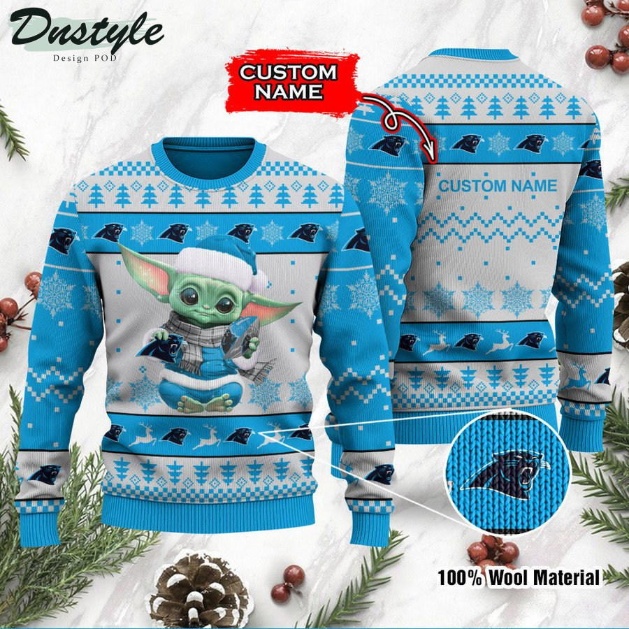 Carolina Panthers Baby Yoda Custom Name Ugly Christmas Sweater